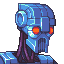 Dexter, a pixel-art robot skull.