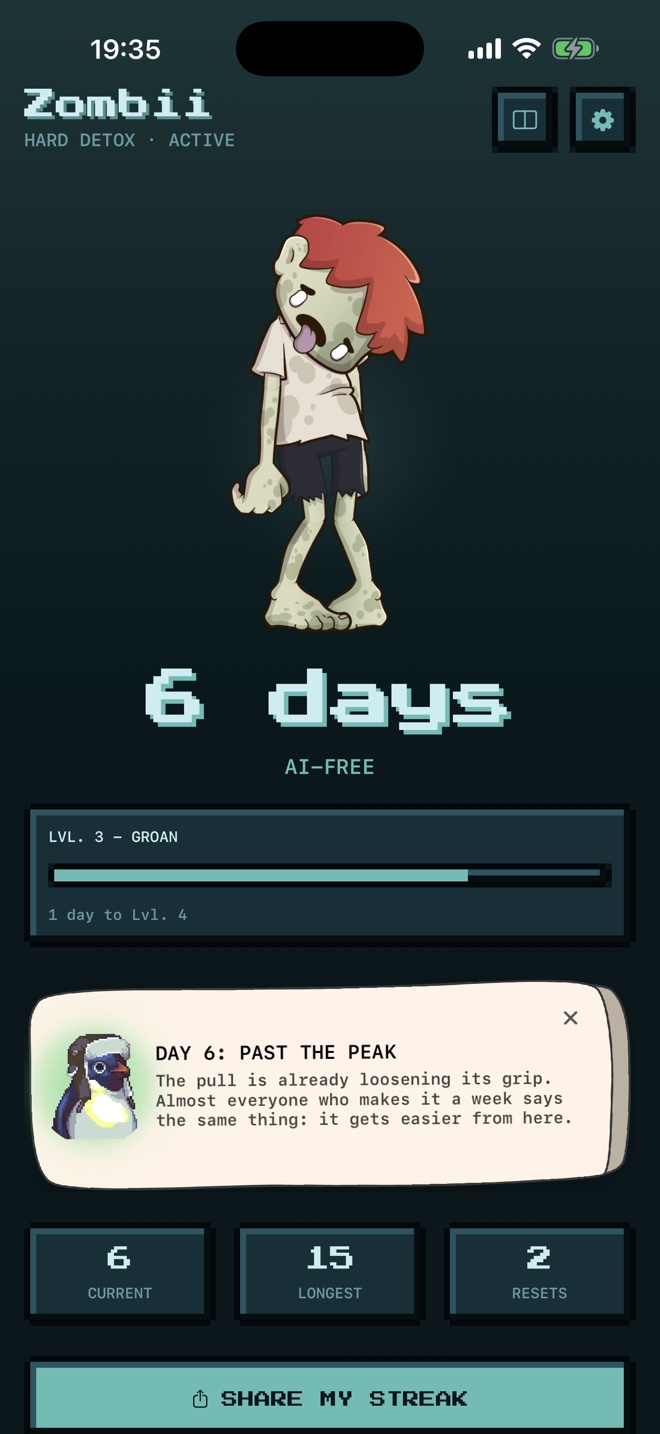 Zombii home screen showing a six day AI-free streak and the mascot at level three.