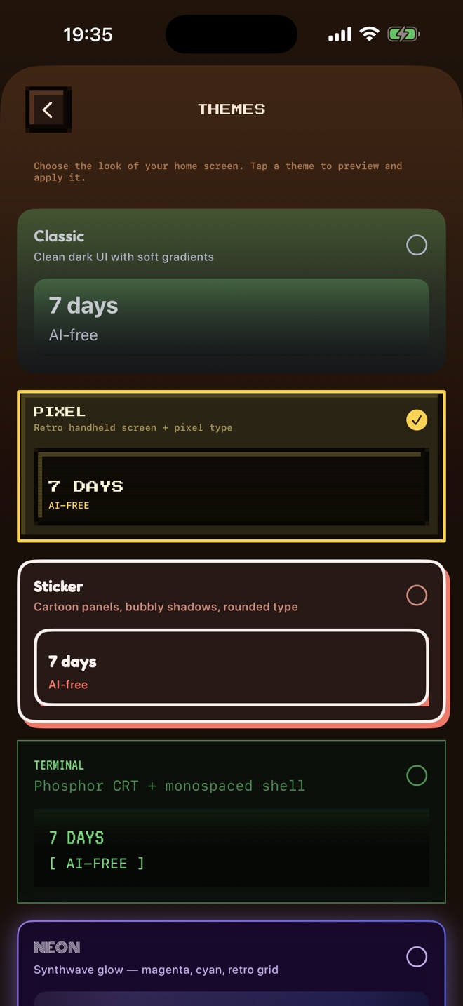 Zombii theme picker showing Classic, Pixel, Sticker, Terminal and Neon looks.
