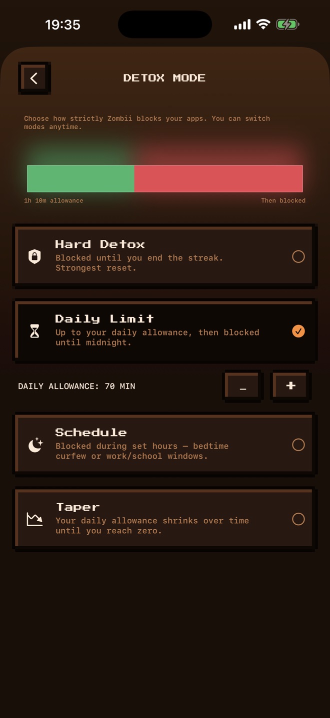 Zombii detox mode settings offering Hard Detox, Daily Limit, Schedule and Taper.