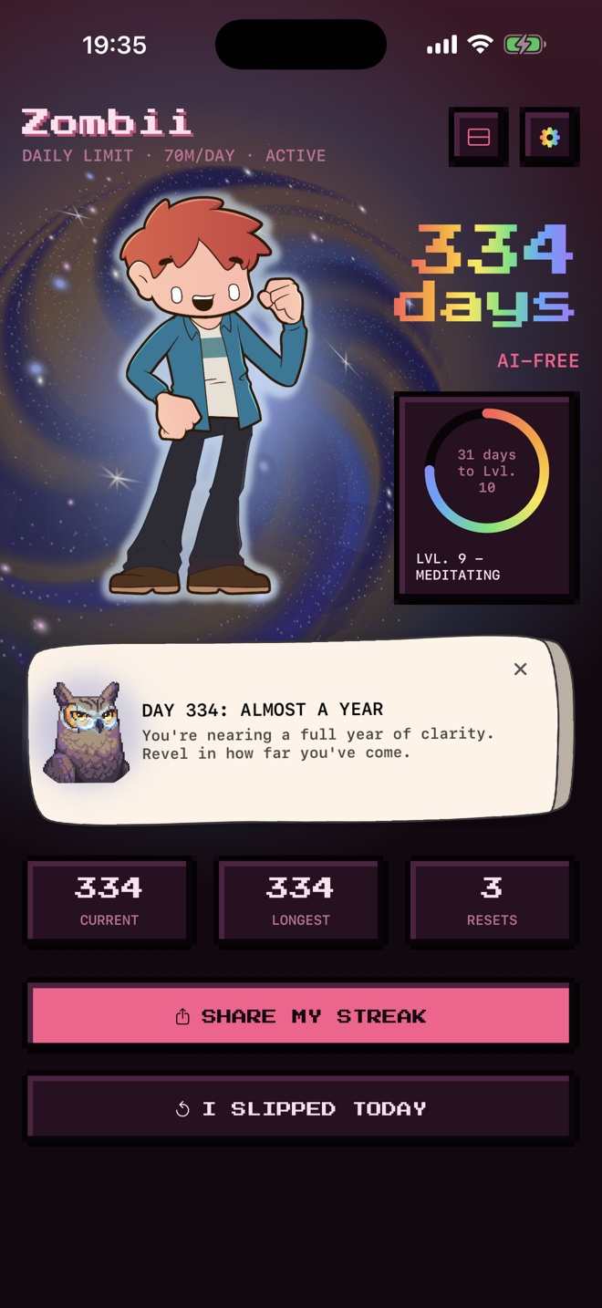 Zombii home screen at 334 days AI-free, the mascot fully recovered and glowing.