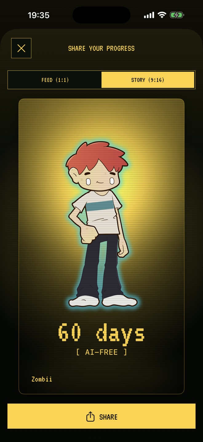 Zombii share screen showing a 60 days AI-free milestone card ready to post.
